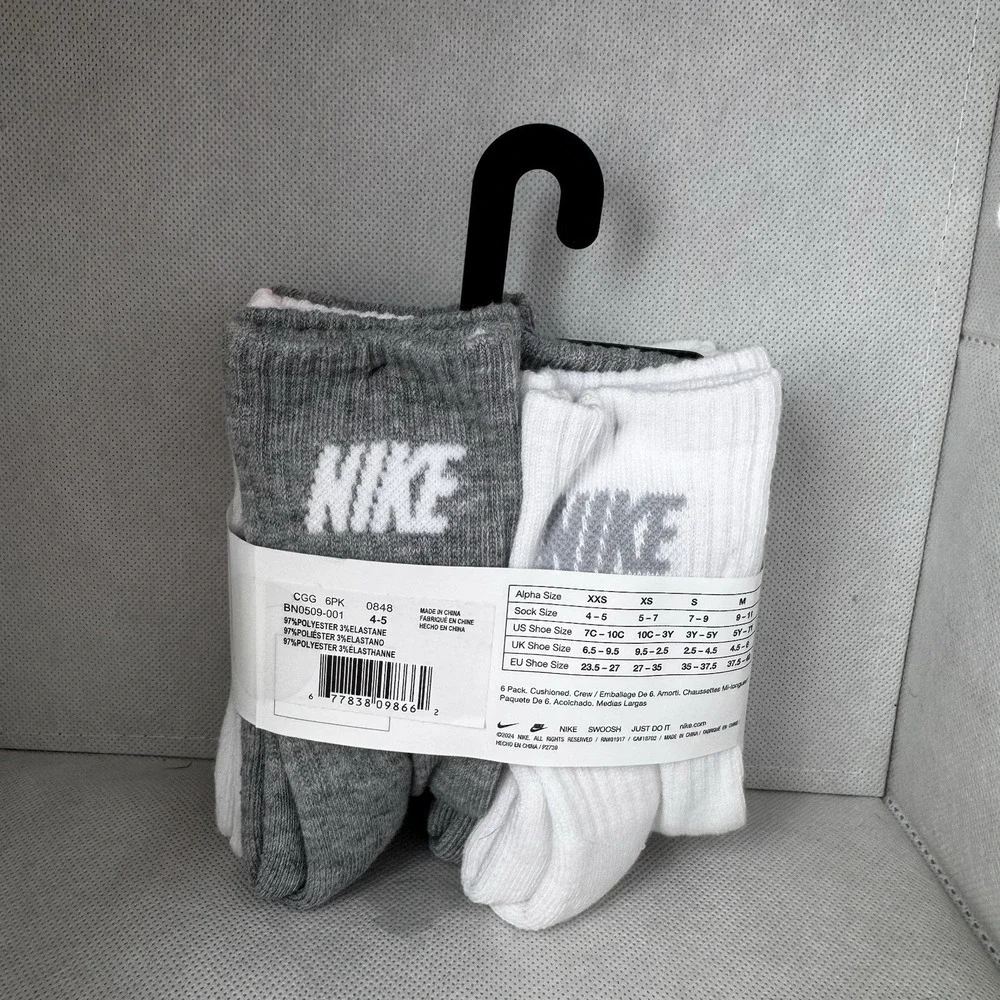 Nike‎ Kids Crew Socks 6 Pack White Grey Cushioned Size 7C-10C BN0509-001 NEW